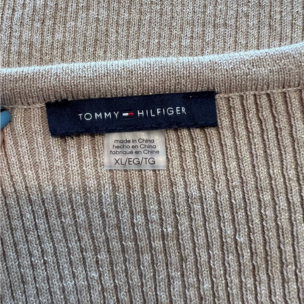 Tommy Hilfiger Fawn Metallic Square Neck Ruffled-Cuff Ribbed Sweater - XL - Picture 6 of 12